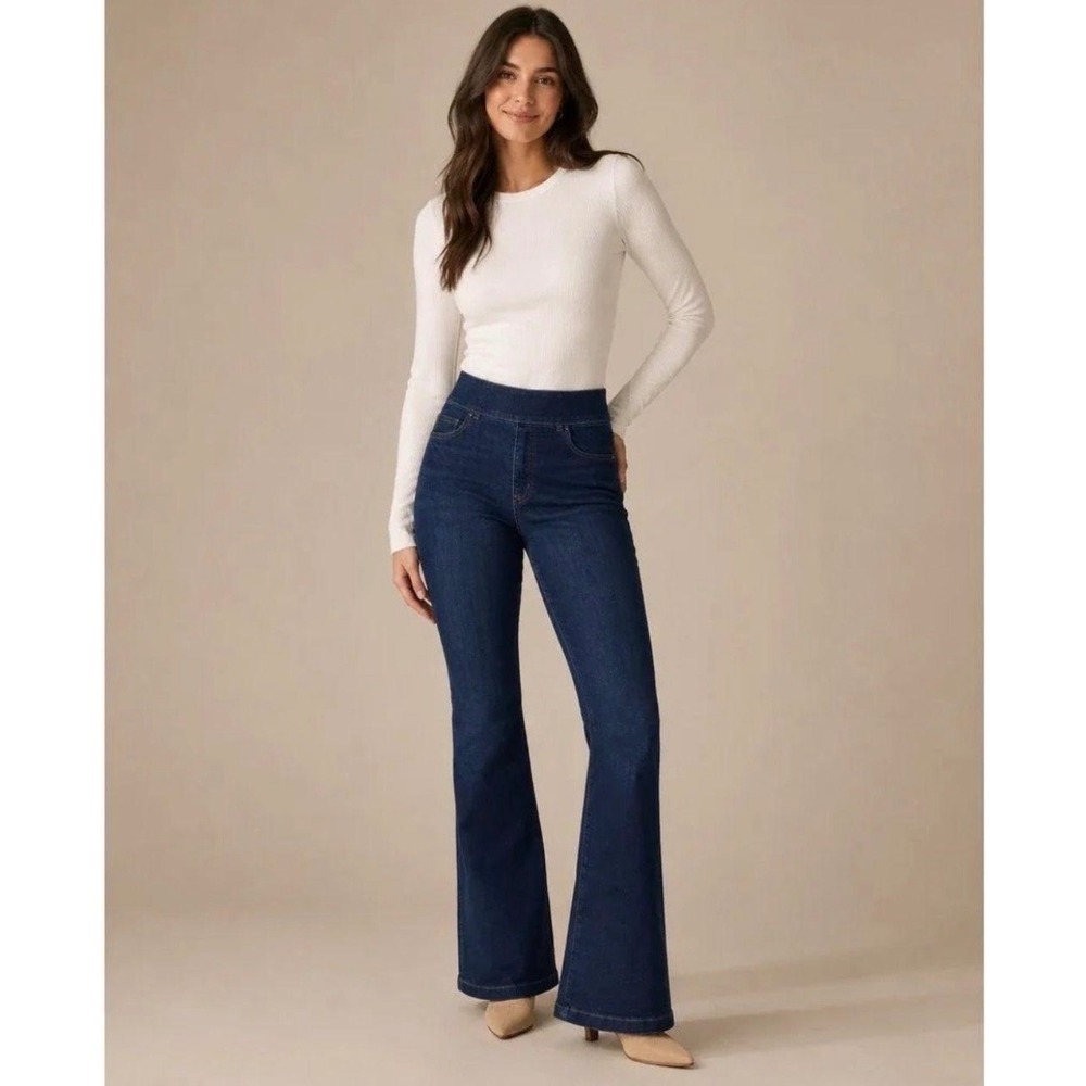 Spanx Flare Jeans Dark Wash High Rise Pull On Denim Pants Small Tall Stretch